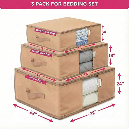 Cedar Storage Bag Organizer for Bedding Set - Protects from Moths, Moisture, Dirt & Dust - Set of 3 Storage Bags for Bed Sheets, Comforter, Pillows & More - Space-Saving Bedding Organizer, Beige