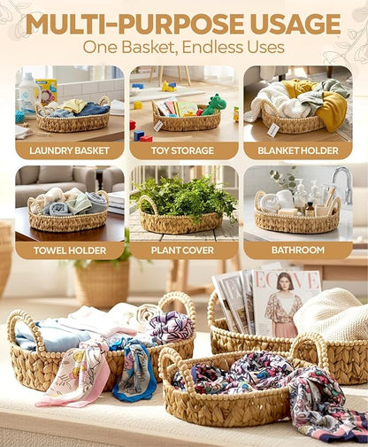 Handwoven Water Hyacinth Storage Baskets for Toilet, Living Room, Nursery Organization - Natural Oval Set of 3 Versatile Nesting Baskets with Scalloped Edge Design & Handles
