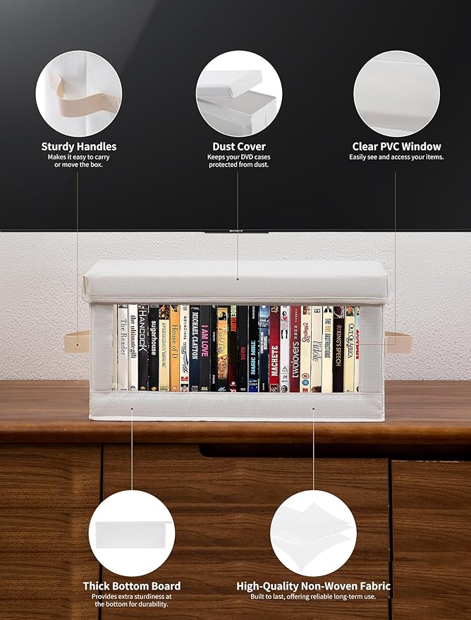 4 Pack DVD Storage Box with Visible Window, Dustproof CD/DVD Case Holder Organizer Rack Can Hold Up to 104 DVD, Blu-ray & CD Storage, Stackable and Lid Design –White