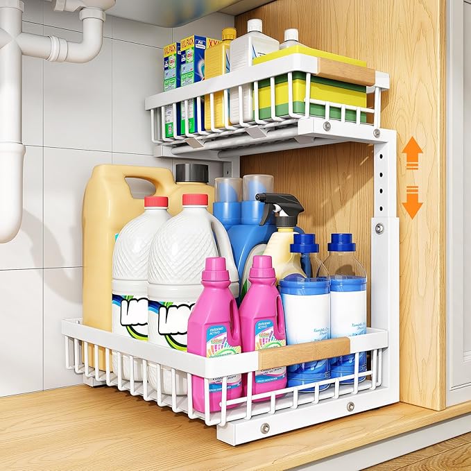 PXRACK 1 Pack Under Sink Organizer,Adjustable Height,2 Tier Pull Out Under Cabinet Organizer,Slide Out Thickened Metal Under Sink Storage for Kitchen Bathroom Laundry Cabinet Pantry,White(S)