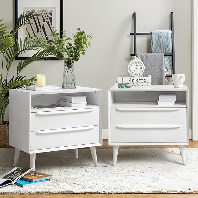 HULALA HOME End Table with Charging Station, Mid-Century Modern 2 Drawer and Open Shelf, Fluted End Table（White, Set of 2）