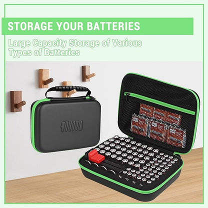 Battery Organizer Storage Case with Tester for AA AAA Button Battery Holder Carrying 3 Batteries Variety Pack 88 Batteries Zipper Mesh Bag (Batteries Not Included) (black-green)