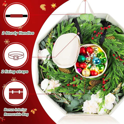 Wreath Storage Christmas Garlands Bag with Interior Pockets Large Xmas Container Box for Holiday Decorations Case with Zipper Handles Window Labeling Card Slot 24" Houndstooth