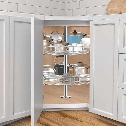 32 1/4" Chrome Corner Cabinet Lazy Susan, Full Circle Corner Cabinet Lazy Susan Replacement Shelves, Minimum Cabinet Size 36 inches, Rotating Rack for Corner Base Kitchen
