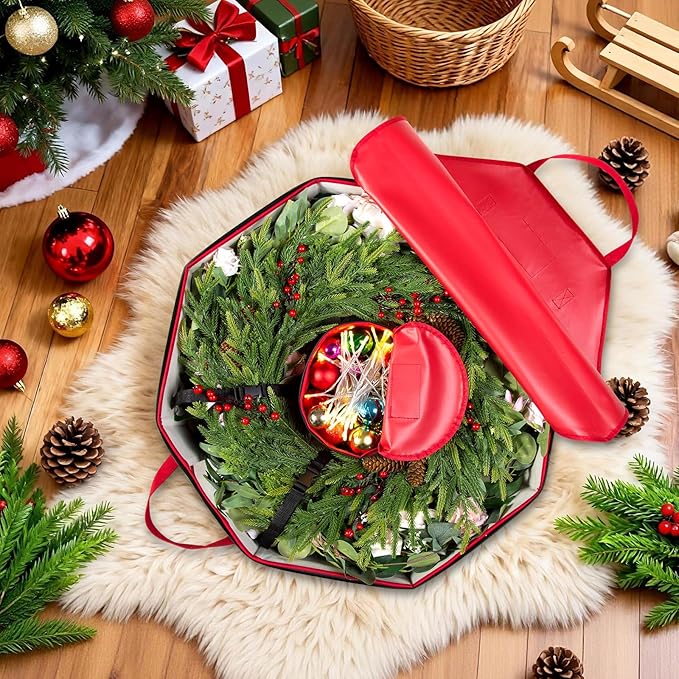 2 Pack Wreath Storage Christmas Garlands Bag with Interior Pockets Large Xmas Container Box for holiday Decorations Case with Dual Zipper and Handles Window Labeling Card Slot 24" Red