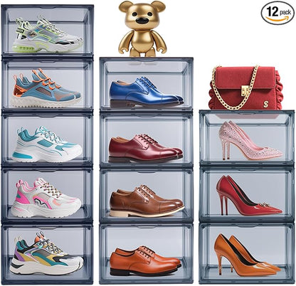 3BBYJL 12 Pack Shoe Boxes Size 13 Acrylic Shoe Organizer Clear Storage Box Plastic Stackable Sneaker Display Case with Magnetic Lids