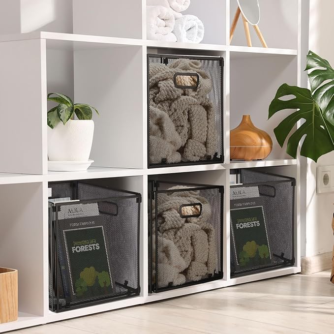 2 Pcs Foldable Metal Cube Storage Baskets 13x13 Kitchen Wire Baskets Stackable Mesh Laundry Organizer Bin with Handles for Shelves Kitchen Pantry Cabinets Closet Food (Black)