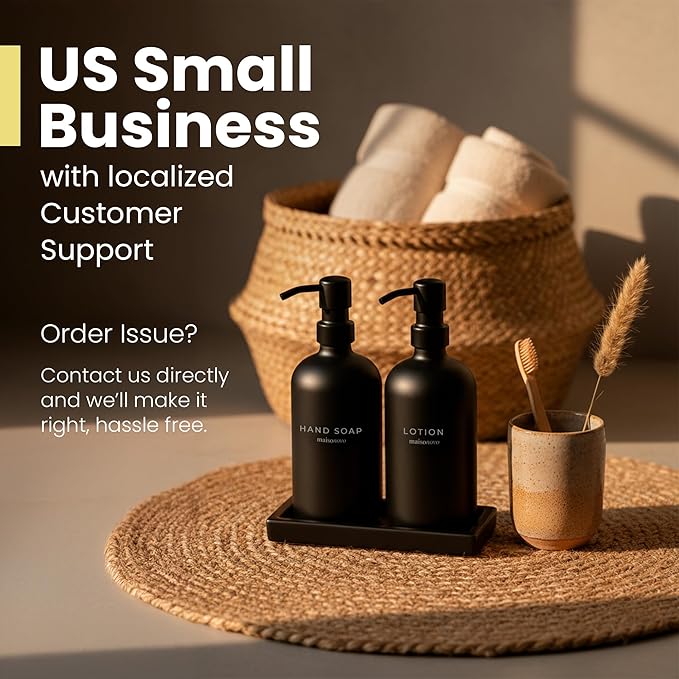 Maisonovo Kitchen Soap Dispenser Set | Hand and Dish Soap Dispenser Set with Handmade Ceramic Vanity Tray and 16 Waterproof Labels | Black Glass Bottles & Black Pumps