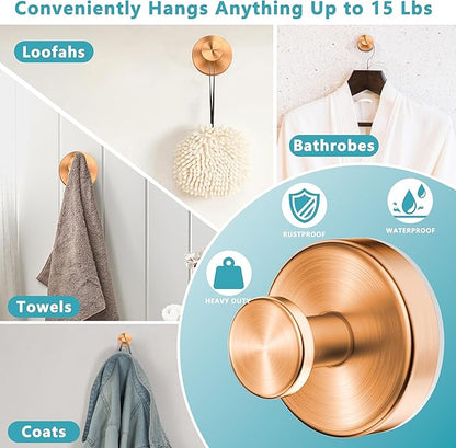 Epritliber Suction Cup Hooks for Shower,Wreath Hanger for Front Door,Removable No Drill Towel Loofah Hooks,Upgraded 15 lbs Strong Suction for Bathroom,Wall,Glass,Stainless Waterproof-Rose Gold 4 Pcs