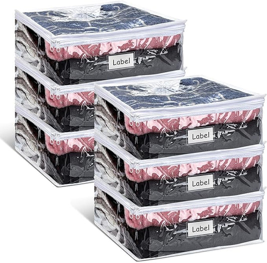 Hoolerry 6 Pieces Sweater Storage Bags Plastic Clear PVC Clothes Storage Bags with Zipper and Label for Blankets Clothes Closet Quilt Pillow Bed Sheet Organizer(23.6 x 19.7 x 9.8 Inch)