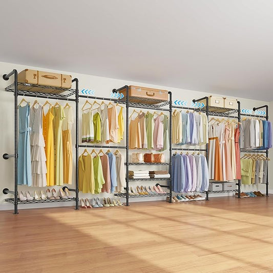 Timate F6 Wall Mounted Clothes Rack - Expandable Industrial Pipe Closet System, Heavy Duty Hanging Garment Rack, Closet Organizer & Storage Solution for Wardrobe, Bedroom,Walk-in Closets,Black