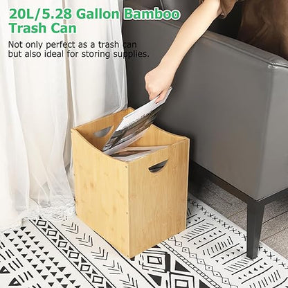 Bathroom Trash Can 5 Gallon Bamboo Trash Can Large Trashcans Farmhouse Wood Waste Basket Wastebaskets with Handles Office Garbage Cans for Under Desk Dustbin for Bedroom Kitchen