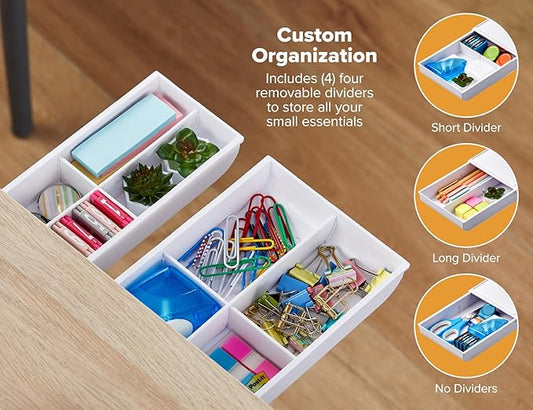 Bostitch Konnect Under Desk Drawer, Self-Adhesive Slide Out Storage Organizer with 4 Customizable Dividers, 2-Pack