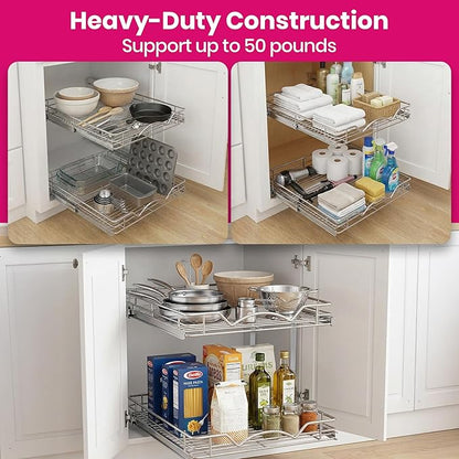HOLDN’ STORAGE Two Tier Pull Out Cabinet Organizer, Individual Sliding Drawers - Heavy Duty Metal with Lifetime Limited Warranty - Anti Rust Chrome Finish - 30" W x 21”D x 16.5" H