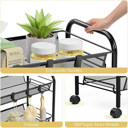 TOOLF 5-Tier Metal Utility Cart with 3 Hooks, Easy Assemble Mobile Storage Trolley On Wheels, Metal Shelving Units Kitchen Bathroom Laundry Room