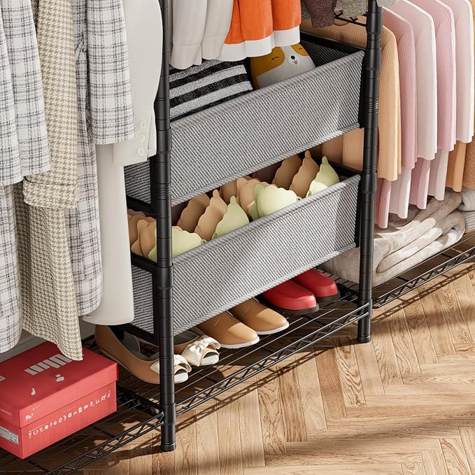 Coat Rack Clothes Wardrobe：Closet Organizer and Storage Clothing Garment Rack with Shelves Heavy Duty for Hanging Clothes Portable Adjustable Black 15.8" DX23.6 WX72.5 H