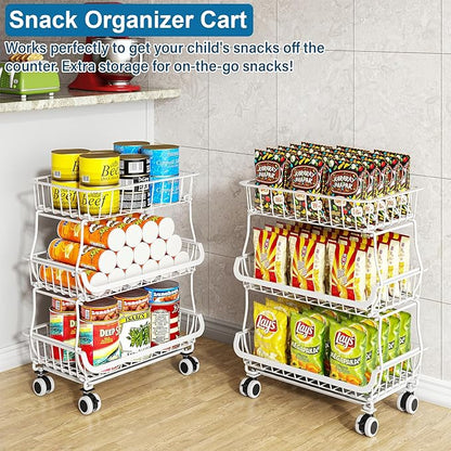 3-Tier Rolling Pantry Floor Organizer and Storage Cart with Wheels, Stackable Wire Pantry Baskets for Pantry Shelves, Kitchen Storage Rack and Fruit Basket Stand for Fruit Snack Onion Potato