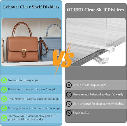 Shelf Dividers for Closet Organization: 12" Tall Acrylic Closet Dividers for Shelves - Clear Free Standing Shelf Separators for Clothing Sweater Purse