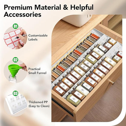 Idcymoul Spice Drawer Organizer 3-Tier Expandable (11"-22" Wide), Spice Rack for Cabinet with Funnel & Spice Labels, Fits Large Jars, Seasoning Storage Insert Design for Cabinet & Drawer (White)