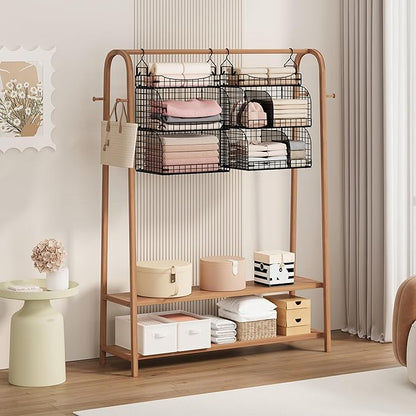 SWTYMIKI Hanging Closet Organizer Storage - 3 Tier Metal Stackable Hanging Closet Shelves with Dividers and S Hooks, Foldable Clothes Shelves for Clothes, Pants, Shoes, Coat, Hats Clutches Accessories
