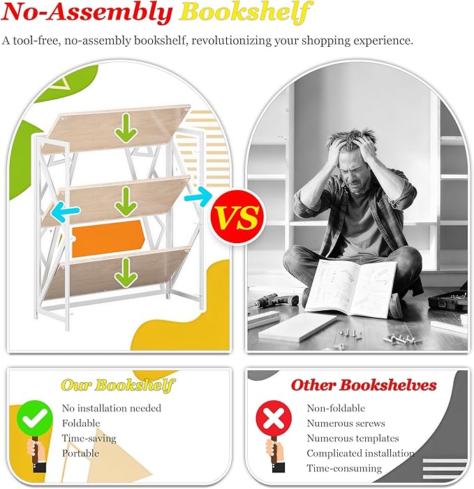 UDD No Assembly Wide Folding Bookshelf, 34" H x 30.9" W, 3 Tier Foldable Book Shelf Industrial Bookcase, Vintage Collapsible Storage Shelves for Home Office Living Room Bedroom, Light Oak White
