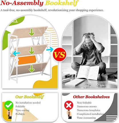 UDD No Assembly Wide Folding Bookshelf, 34" H x 30.9" W, 3 Tier Foldable Book Shelf Industrial Bookcase, Vintage Collapsible Storage Shelves for Home Office Living Room Bedroom, Light Oak White