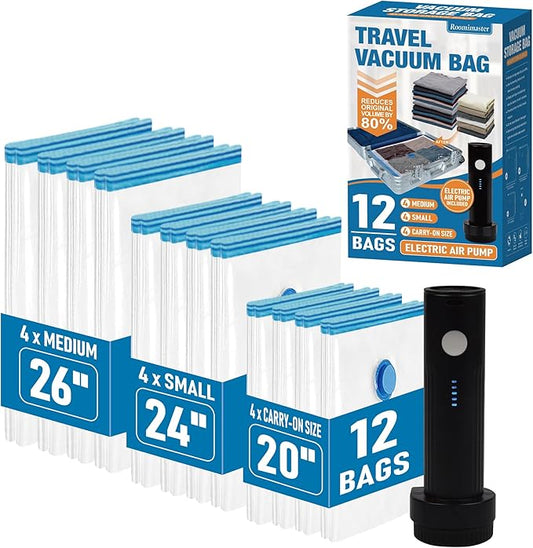 12 Pack Travel Vacuum Storage Bags with Rechargeable Wireless Electric Pump, Travel Packing Bags for Luggage and Suitcase, Carry-on Size Compression Space Saver for Clothes and Clothing