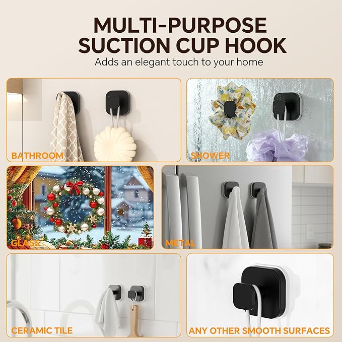 XCIXCI 2Pack Suction Cup Hooks for Shower, Bathroom, Kitchen, Glass Door, Mirror, Tile, Matte Black