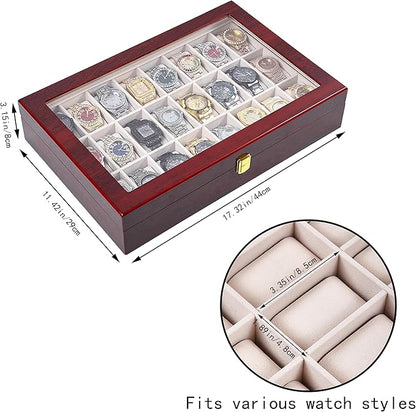 Baojulong 24-Slot Red Wooden Watch Box, Watch Organizer with Clear Lid, Suitable for Various Watches