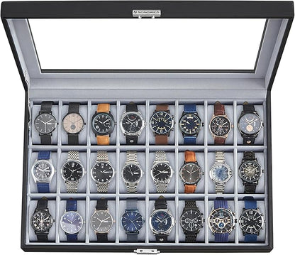 SONGMICS 24-Slot Watch Box, Lockable Watch Storage Case with Glass Lid, Gift Idea, Ink Black Synthetic Leather, Dove Gray Lining UJWB024