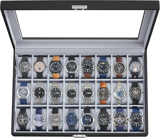 SONGMICS 24-Slot Watch Box, Lockable Watch Storage Case with Glass Lid, Gift Idea, Ink Black Synthetic Leather, Dove Gray Lining UJWB024