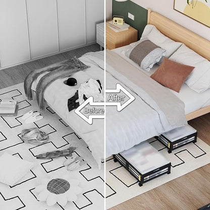 Under Bed Storage Containers with Wheels, Larger Bamboo Wood Under Furniture Storage Containers with Dust Bags，Rolling for Shoes Clothes