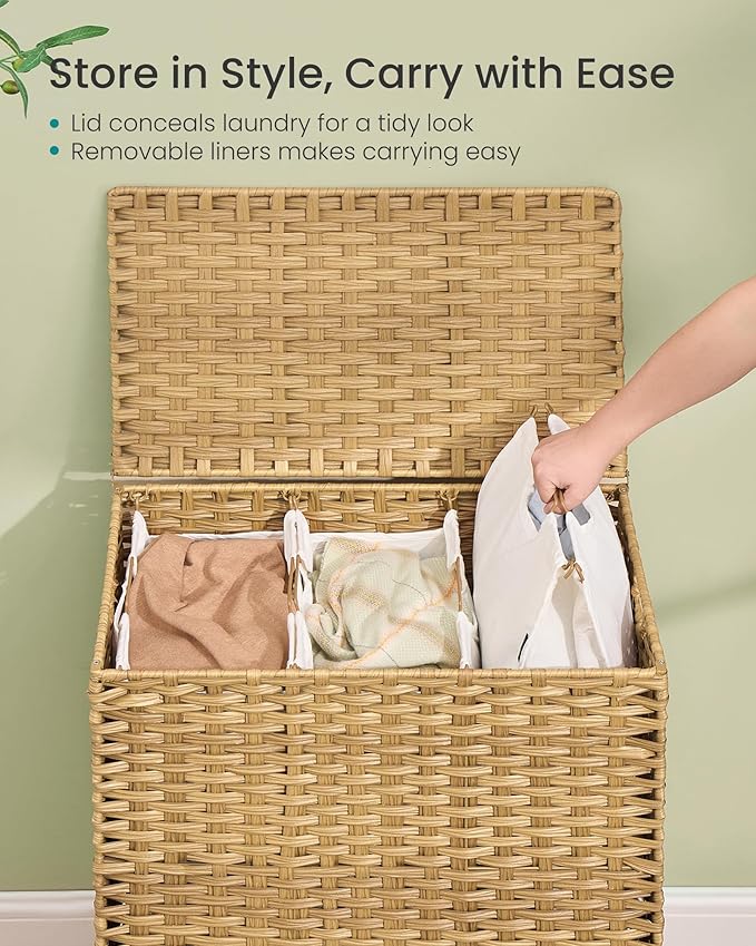 SONGMICS Laundry Hamper with Lid, PE Rattan Laundry Basket with Removable Liner, Storage Basket for Bedroom Living Room, 3-Section Sorter, 42.2 Gallons (160 L), Goose Yellow ULCB223YE01