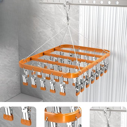 Clothes Drying Racks Clip Hangers Metal with 36 Clips Windproof Hook Underwear Hanger Foldable Laundry Clip for Socks Bras (Gold)