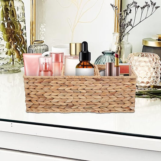 Water Hyacinth Storage Baskets 3-Section Wicker Baskets for Shelves Hand-Woven Vanity Basket for Bedroom Bathroom Pantry Shelf Closet - Coffee/1690