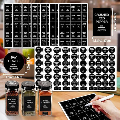 AISIPRIN 24 Pcs Glass Spice Jars with 398 Labels, 4oz Empty Square Spice Containers Seasoning Bottles - Shaker Lids, Funnel, Brush and Marker Included(Black Metal Caps)