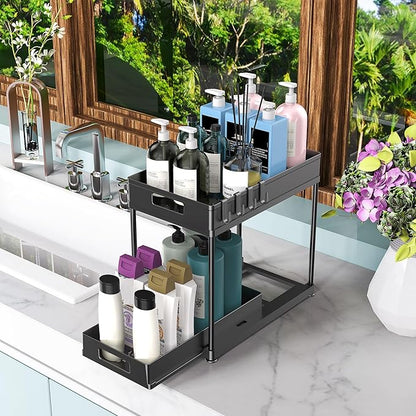 Under Sink Organizers and Storage, 2 Pack Large Capacity Heavy Load Double Pull-out Under Sink Shelves with Sliding Drawer for Kitchen and Bathroom, Black