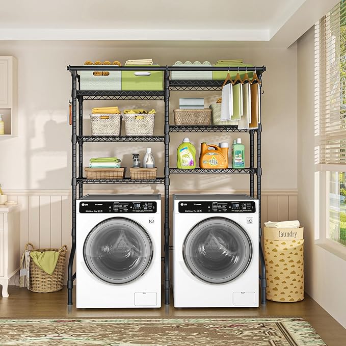 Ulif U13 Medium Over Washer and Dryer Storage Shelves, 6 Tiers Laundry Room Standing Shelf with 2 Hanger Rods, Space Saver Clothes Drying Rack, 57.8" W x 22" D x 77.4" H, Black