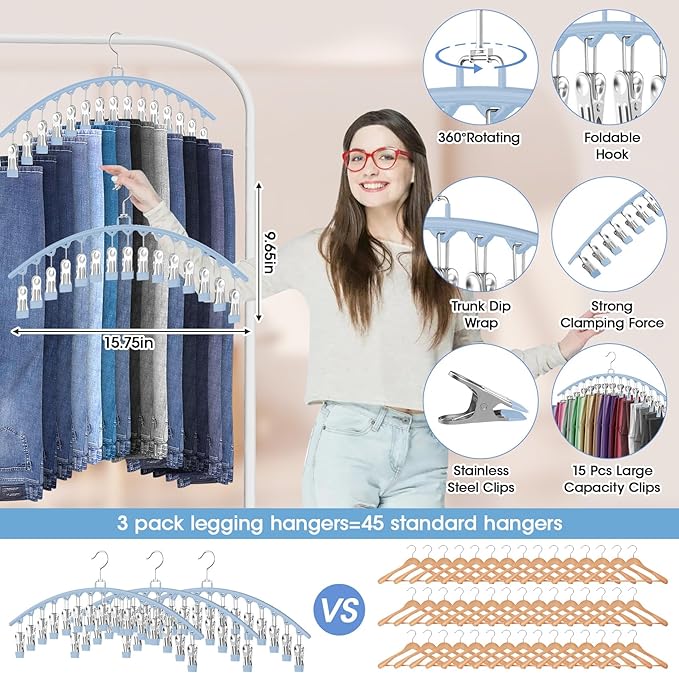 3 Pack Legging Organizer for Closet Hanging, Pants Hangers with Clips Holds 45 Leggings, Shorts, Skirts, Jeans, Hats, Pants Hangers Space Saving Clothes Racks Closet Organizers and Storage, Blue
