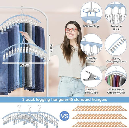 3 Pack Legging Organizer for Closet Hanging, Pants Hangers with Clips Holds 45 Leggings, Shorts, Skirts, Jeans, Hats, Pants Hangers Space Saving Clothes Racks Closet Organizers and Storage, Blue
