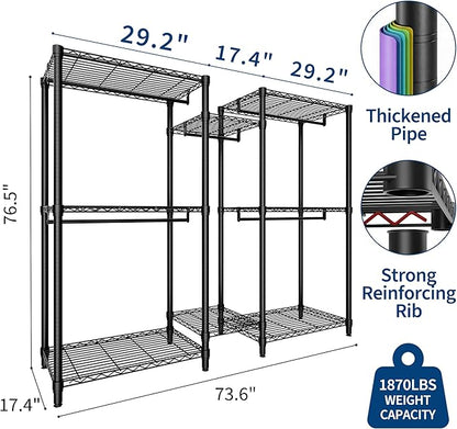 Heavy Duty Portable Closet Wardrobe Load 1874LBS,Metal Clothes Rack Garment Rack Free Standing Closet Organizers and storage with 8 Adjustable Shelves, 5 Hanging Rods 76.5"H x 73.6"L x 17.4"W