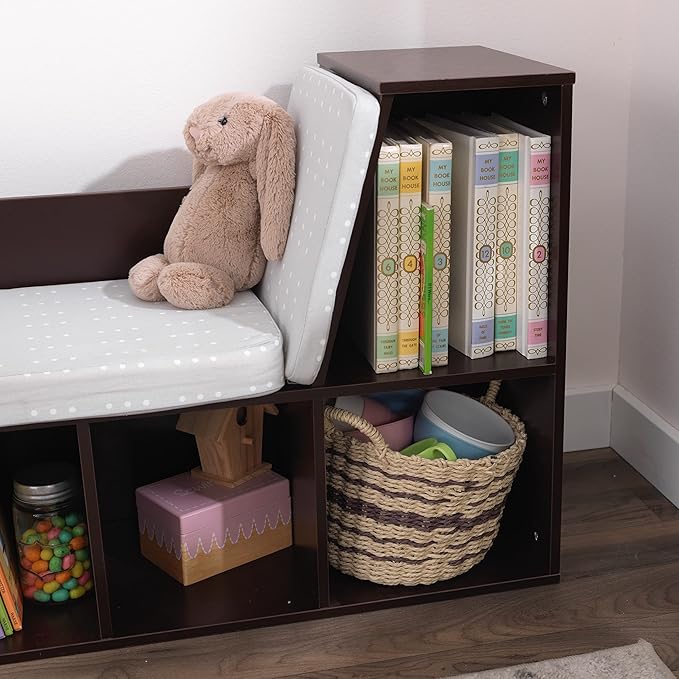 KidKraft Wooden Bookcase with Reading Nook, Six Shelves and Gray Cushion - Espresso
