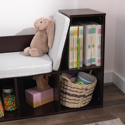 KidKraft Wooden Bookcase with Reading Nook, Six Shelves and Gray Cushion - Espresso