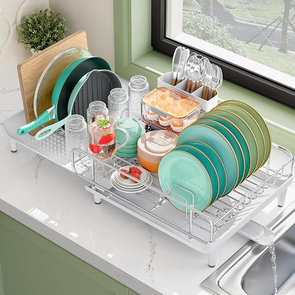 TOOLF Dish Drying Rack - Large Expandable Dish Rack for Kitchen Counter, Stainless Steel Dish Drainer for Kitchen Organization with Cutlery ＆ Cup Holder,White