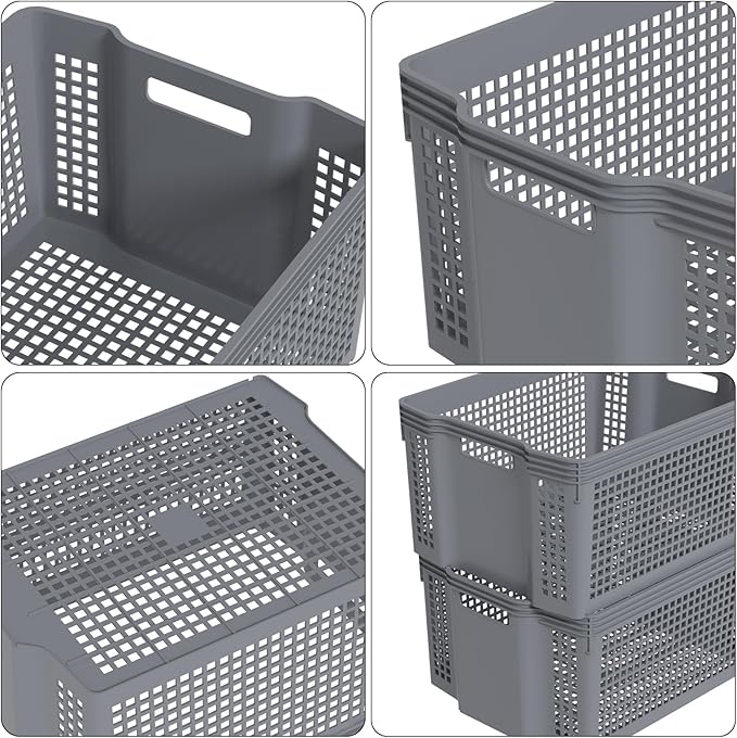 6 Packs Plastic Storage Baskets, Deep Stacking Baskets, Stackable Storage Basket Tray, Gray