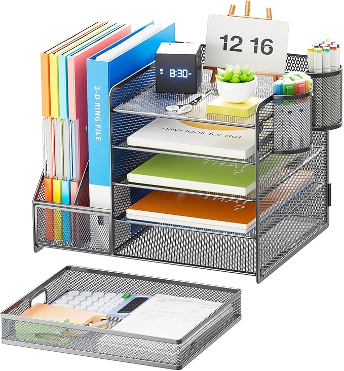 Marbrasse 5-Tier Paper Letter Tray Organizer with Drawer and Pen Holder, Mesh Desktop Organizer and Storage with Magazine Holder for Office Supplies (Grey)