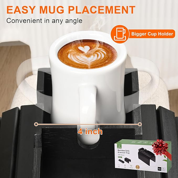 Joy&Grace Couch Cup Holder, 3-in-1 Magnetic Detachable Couch Arm Tray, Bamboo Sofa Armrest Table with Anti-Slip Pad, Sofa Armrest Tray Table (Black)