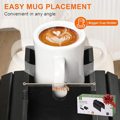 Joy&Grace Couch Cup Holder, 3-in-1 Magnetic Detachable Couch Arm Tray, Bamboo Sofa Armrest Table with Anti-Slip Pad, Sofa Armrest Tray Table (Black)