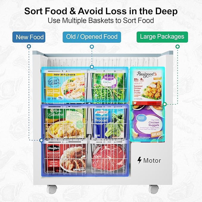 iSPECLE Freezer Organizer Bins - 3 Pack Adjustable Chest Freezer Organizer Bins for 5 to 9 Cu.Ft Deep Freezer, Extra Large & Easy Organize Basket Store More, Stackable No Wasted Space, White