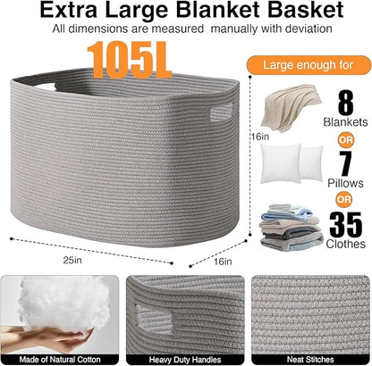 Large Grey Storage Basket, Blanket Baskets for Living Room, Large Toy Basket for Storage, Woven Cotton Rope Baskets for Blankets, Clothes, Shoes, Books, Grey, 25”x16”x16” (105L)